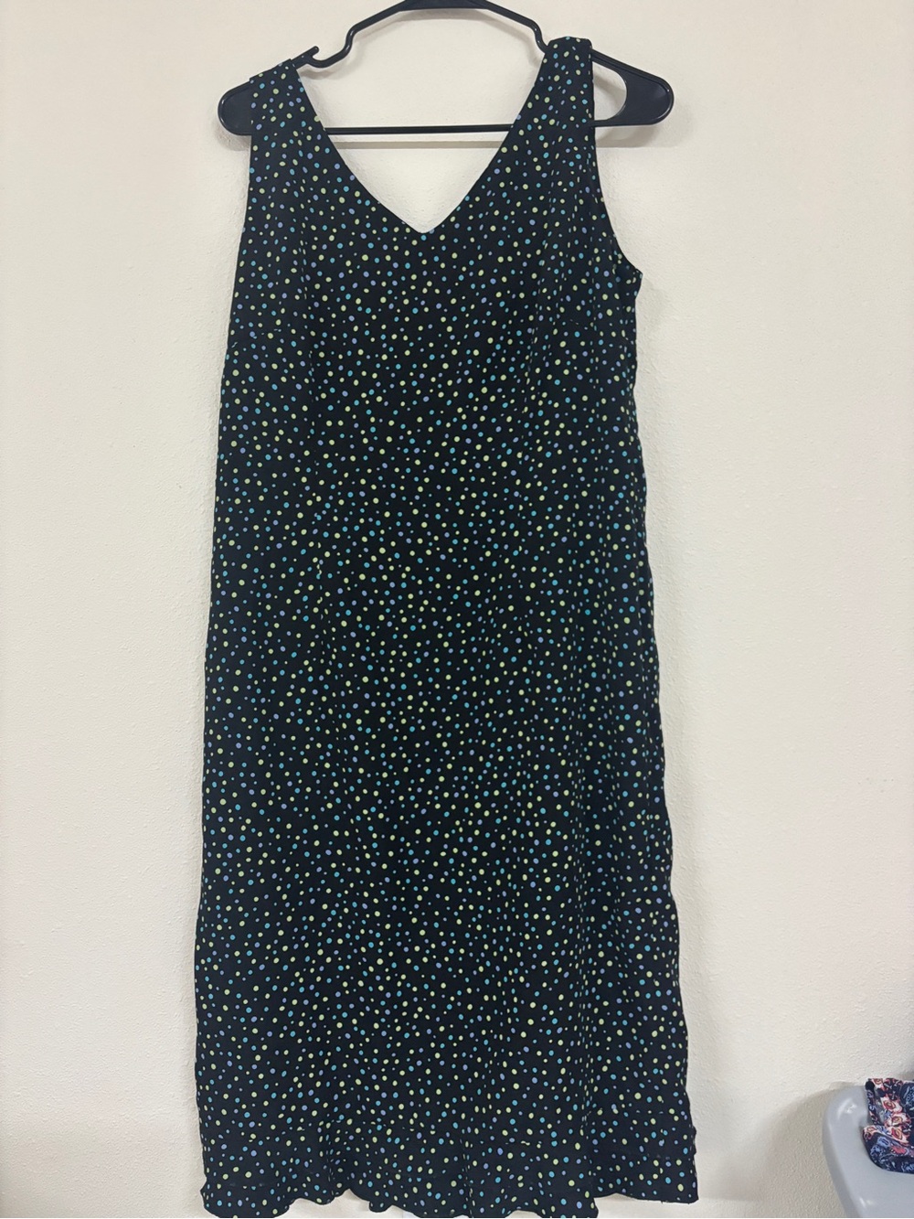 Black V-Neck Midi Dress with Blue and Green Polka Dots